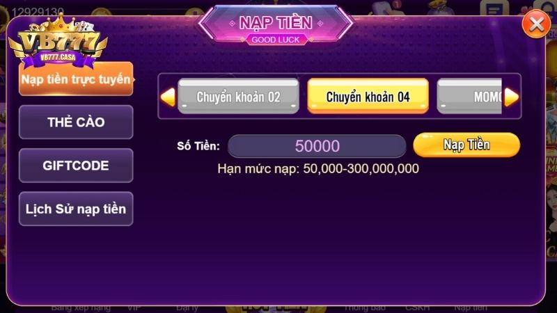 Hướng dẫn nạp tiền VB777